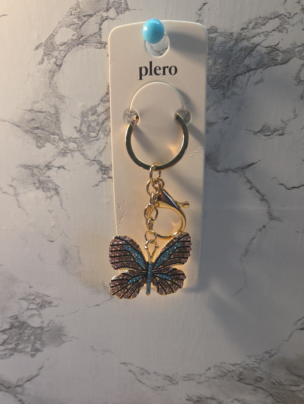 5 For 25 Or 10 Each Gold Butterfly Keychain with Pink and Blue Crystals
